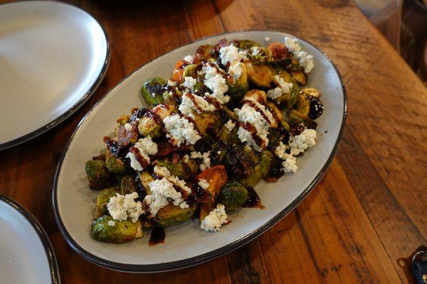 Brussel Sprouts with Bacon, Blue Cheese, Tomatoes, and Balsamic Glaze