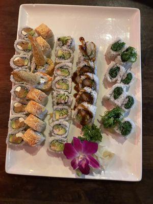 Philly Roll, California Roll, Seaweed Salad Roll, 8 Pieces Hutoang Roll, Shrimp Tempura Roll