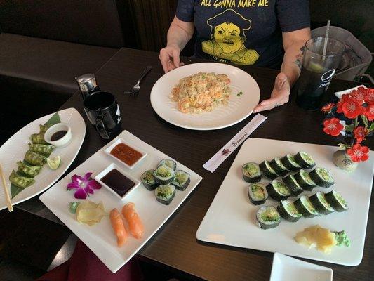 Left to right: vegetable gyoza, salmon nigiri, shrimp fried rice, zen zen sushi roll (my fav)