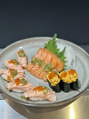 Salmon Belly Nigiri, Uni with Ikura, Salom Sashimi.