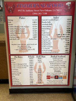 Zimmer's Seafood Menu