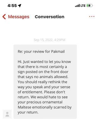 A private message sent from the owner of Pakmail for writing about my bad experience.