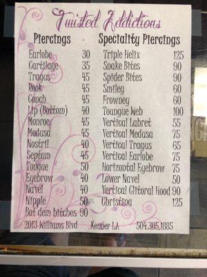 Piercings price list.