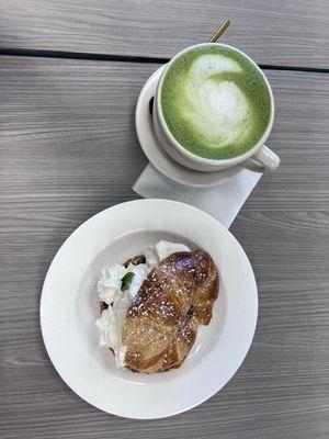 Chocolate Cream croissant (no strawberries) and Matcha Latte with oatmilk