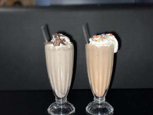 Oreo shake with cookie crumble pieces, and Chocolate shake with colorful sprinkles