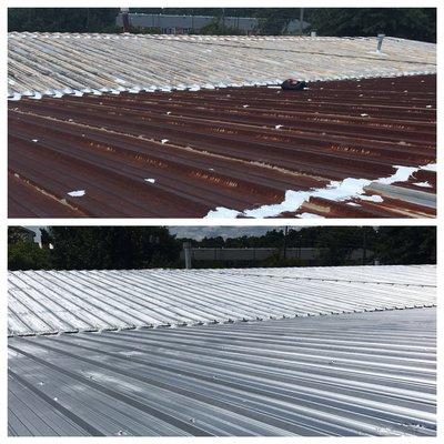 Before and after metal roofing with Karnak aluminum coating