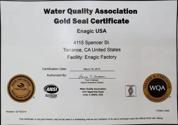 Certified best drinking water  10 years in the row by WQA ( Water Quality Association )