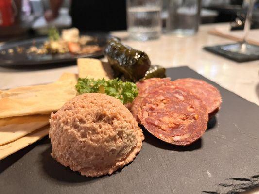 Build-your-own charcuterie: smoked ahi, chorizo, dolmas, flat crackers