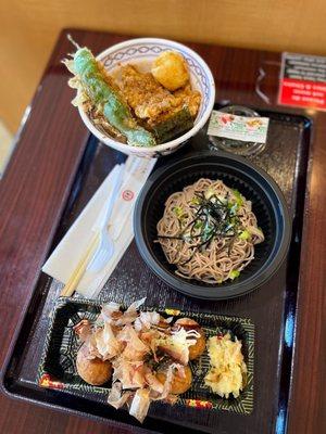 Shrimp tempura, cold soba, takoyaki