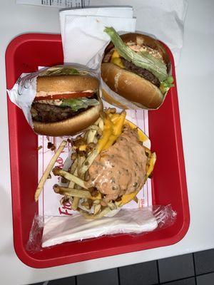 Hamburger, cheese burger, animal style fries