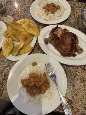 Red Beans (Habichuelas Rojas) (8 oz)Fried Green Plantains (Tostones)Just Chicken (Pollo Solo) (1/2)