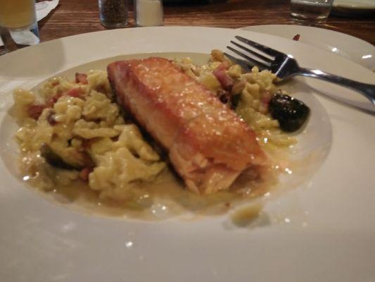 Salmon with spaetzle, bacon and brussels sprouts