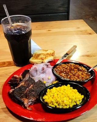 9/3/23  happy Labor Day salute working Folk Pick 2. Sliced not pulled pork little upcharge for St Louis ribs two sides beans corn Coke Zero