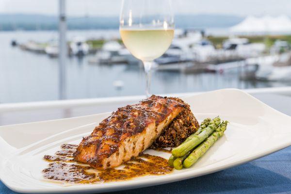 Our Salmon features a maple mustard glaze.