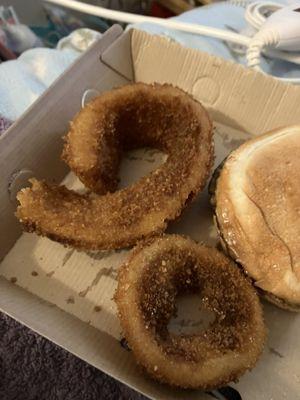 Smaller of the onion rings and regular hamburger