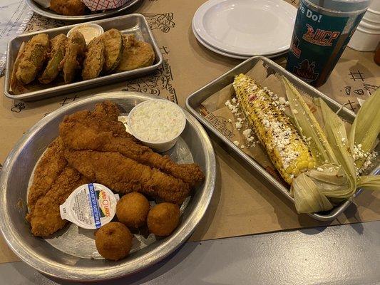 Fried Green Tomatoes  Catfish Platter Coleslaw and Seasoned Corn with hush puppies