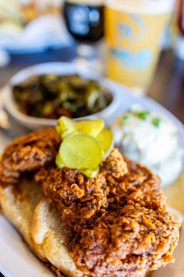 Southern Fried Chicken Two-Piece Breast Meal w/ collards and Mashed potatoes ($19 + $2/extra New Mexico Hot)