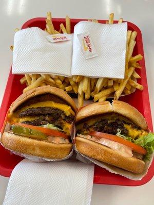 Double double animal style with extra toasted buns, well done fries.