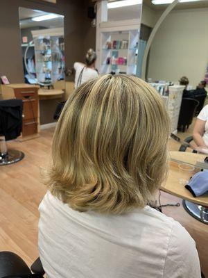 After partial foil highlights, haircut, blow out and style.