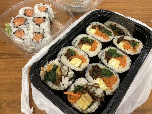 Salmon roll and kimbap, takeout