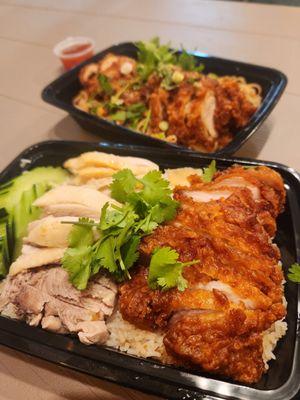 Combo Hainan Chicken and Crispy Pork over rice (front) Crispy Chicken with noodle (back)