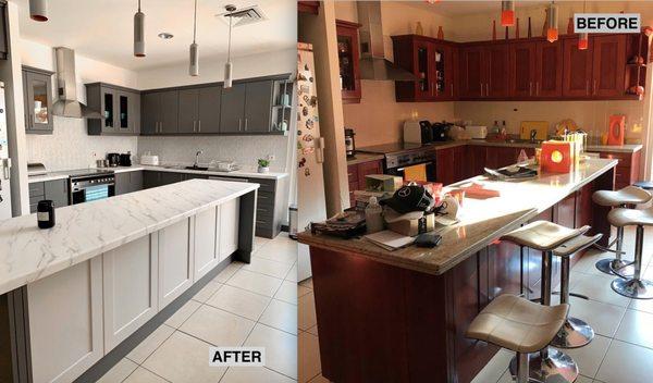 We brought this kitchen to life with a grey and white color scheme!