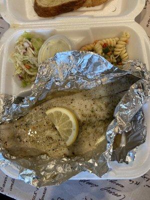 Broiled Fish Dinner (Homemade hash browns hiding underneath fish)~