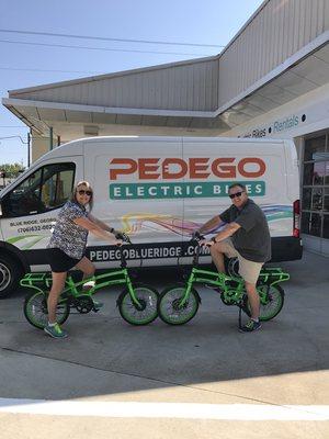 These two fun human beings are about to take off on new adventures with their pedego Latches! They look good don't they?? :)