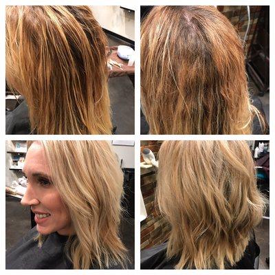 This is a big color correction. She had layers of various colors as well as new growth. Bright blonde was the end goal and we achieved it.