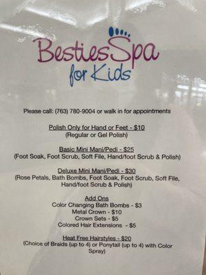 Besties Spa contact information and services menu