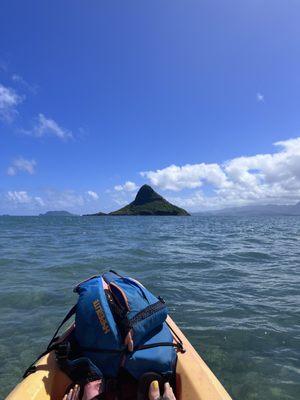 View between beach and China Man Hat on kayak