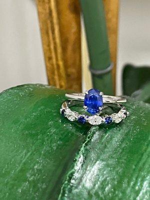 My gorgeous sapphire engagement ring and sapphire and diamond wedding band designed by Sarah!