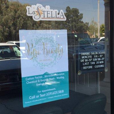 Look for the Pure Beauty by Chelsea sign in the window of La Stella Tanning & Day Spa! For appointments, please call/text (209) 603-5818.