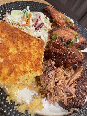 cornbread, coleslaw, wings, ends, pulled pork and ribs