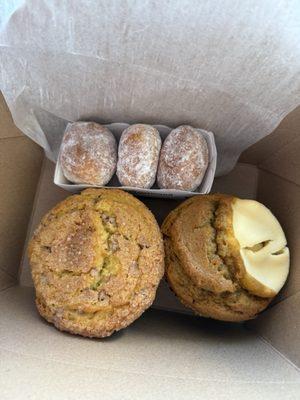 Beignets, French toast muffin, and pumpkin cheese muffin