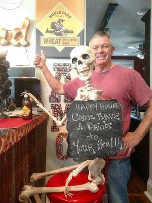 Mr. Bones has made an appearance at Anna Mae's Cafe and we aim to put some meat on his bones. During Happy Hour he enjoys a BOOski!