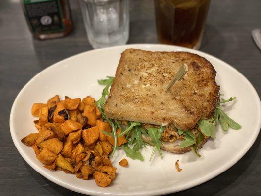 Pulled Chicken Sandwhich sweet potatoes