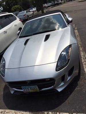 Jaguar F-Type S convertible. Supercharged V6 around 380-ish horsepower.