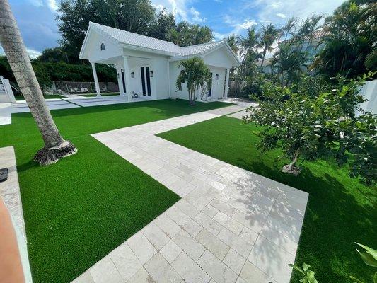 Artificial grass and travertine