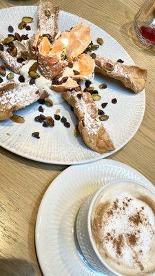 cannoli board with cappuccino