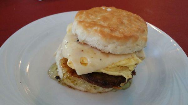 Egg, sausage, fontina cheese, jalapeno jelly biscuit