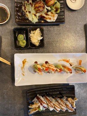 Takoyaki, crunchy shrimp and soft shell crab rolls.