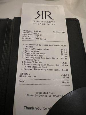 Our bill at The Reserve ....