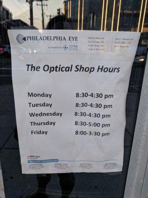 Hours of Optical Shop (not optician)