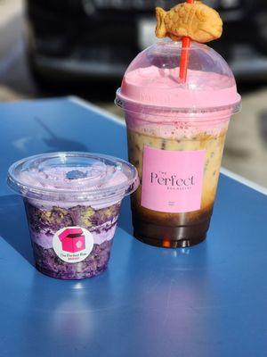 Ube cake and brown sugar latte with cold foam