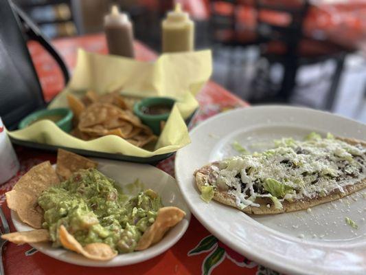 Chips, guac (), yummy sauces & and Huarache con carne asada