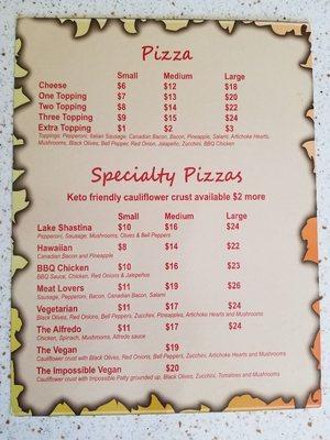 Pizza menu