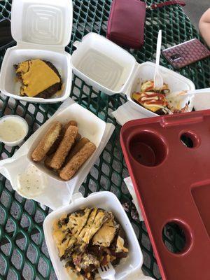 Bunless burgers with a side cheese sticks (I think)