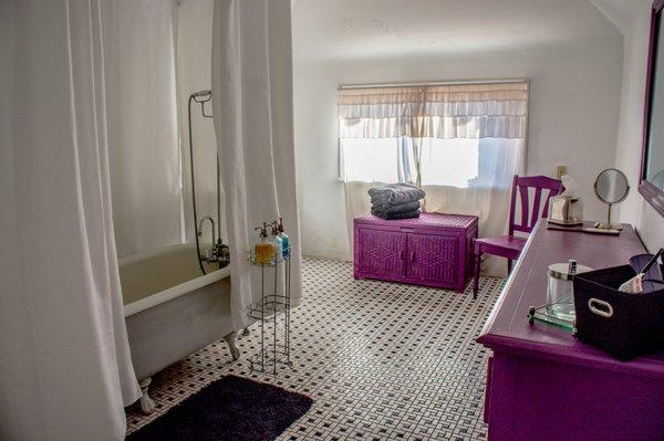 Glorious Captain Benner bathroom with claw foot tub and reproduction shower! Flooded with gorgeous daylight!