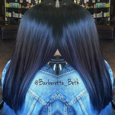 Denim blue cut and color by Beth.